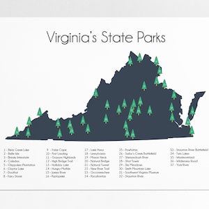 Parchi statali della Virginia, mappa dei parchi statali della Virginia, poster stampabile, parchi statali, parchi della Virginia, parchi della Virginia, avventure, arte per bambini, esploratore