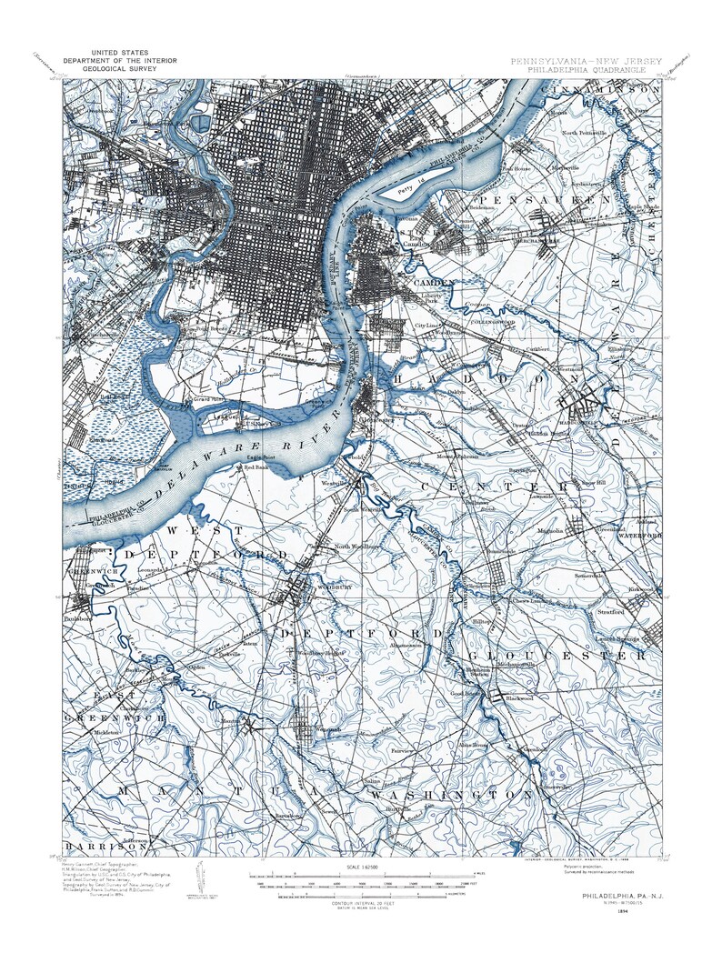 May include: A vintage map of Philadelphia, Pennsylvania and New Jersey, showing the Delaware River and surrounding areas. The map is in blue and white and includes the text "PENNSYLVANIA-NEW JERSEY PHILADELPHIA QUADRANGLE".