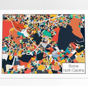 May include: A colorful abstract map of Boone, North Carolina. The map is made up of small squares and rectangles in various colors, including red, orange, yellow, green, blue, and purple. The map is surrounded by a white border.