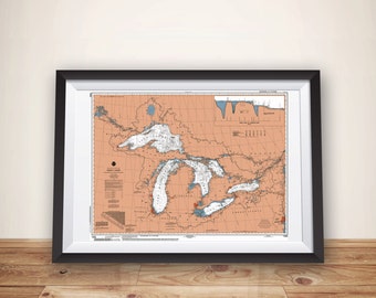 Great Lakes Map NOAA Nautical Chart Poster Print, Boating Gift, Sailing Art, Great Lakes Map, Great Lakes Art, Lake House Decor