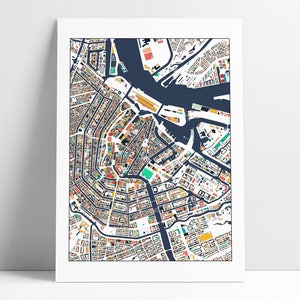 Arte de impressão de mapa de Amsterdã Holanda Ruas e edifícios da cidade de Amsterdã Arte de mapa Decoração para casa Presente de viagem