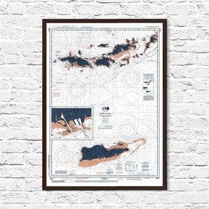 Mapa das Ilhas Virgens, Carta Náutica das Ilhas Virgens dos EUA noaa, Ilhas Virgens dos EUA, Arte, Decoração de chalé de praia, USVI