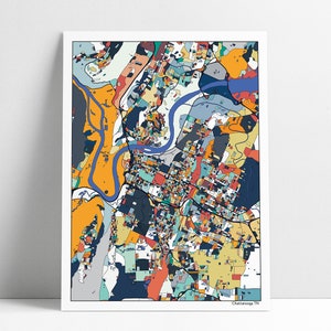 May include: A colorful abstract map of Chattanooga, Tennessee. The map features a variety of colors and shapes, including blue, orange, yellow, green, and red. The map is framed in a white frame.
