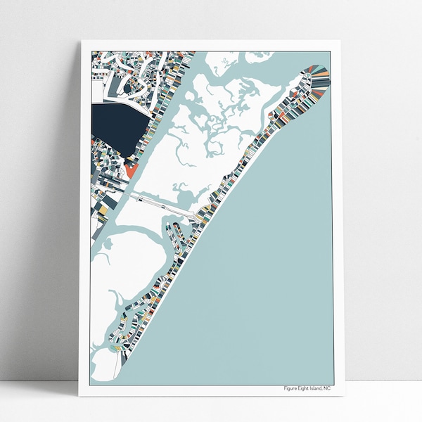 Figure Eight Island NC Map Art Print Figure 8 Island Vacation Beach House Home Decor Gift Idea  Coastal Carolina North Carolina Coast