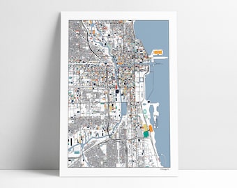 Chicago IL City Buildings City Streets Map Art Print Poster Wall Art Home Decor Office Decor Gift Idea