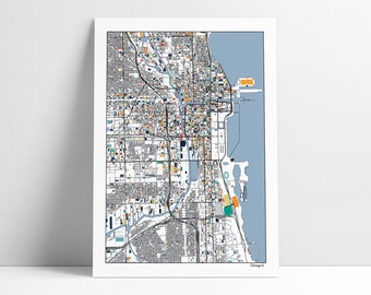 Puede incluir: Un mapa colorido de Chicago, Illinois, con una característica de agua azul y blanca que representa el lago Michigan. El mapa muestra las calles, los vecindarios y los puntos de referencia de la ciudad.