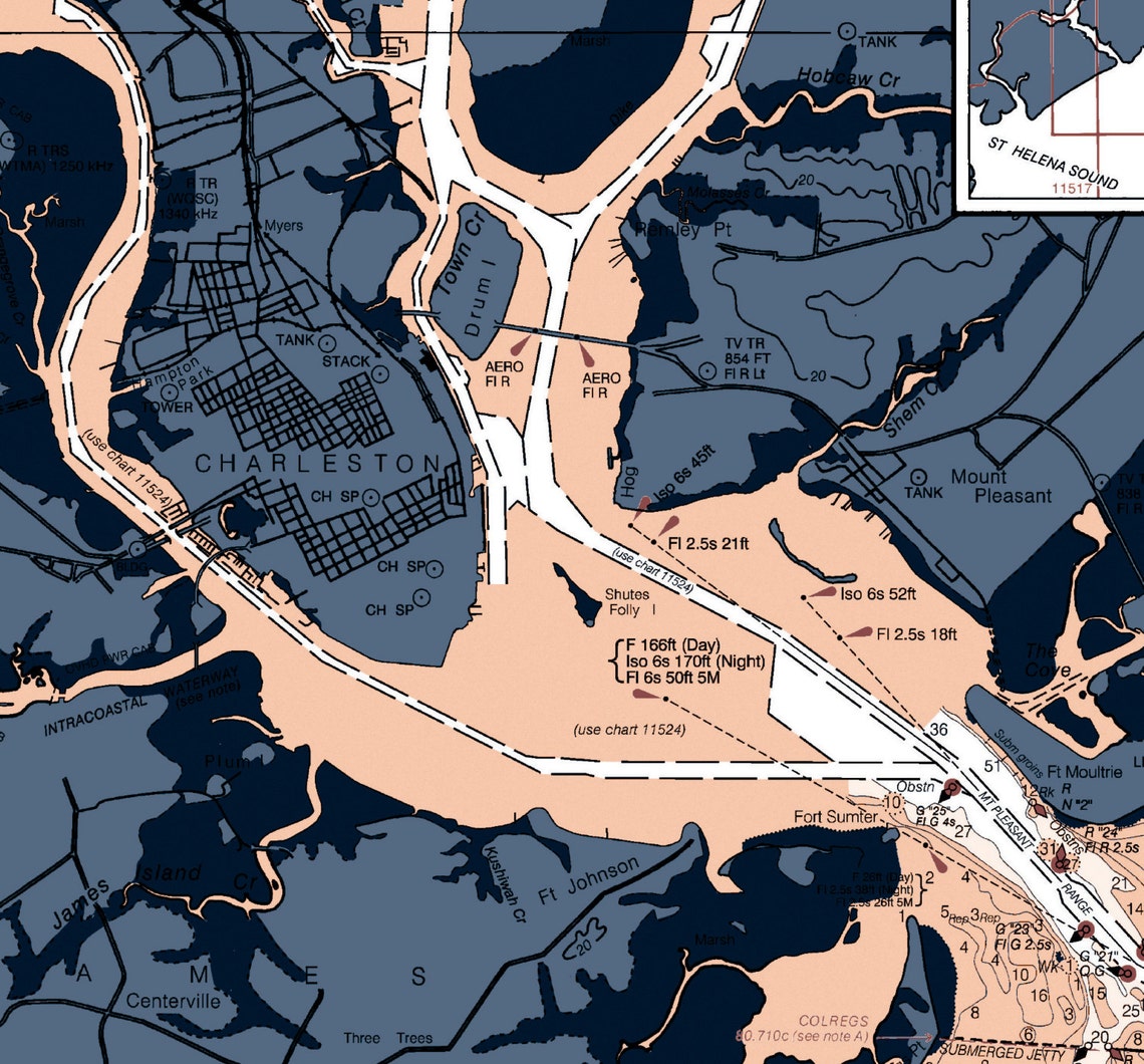 Charleston SC Art Poster Nautical Chart Charleston Print Etsy