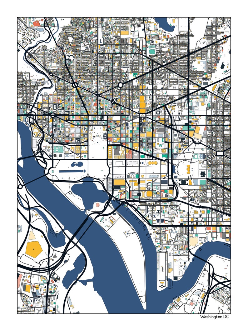 Washington DC City Streets Buildings Map Art Poster Print Wall Art Home Decor Gift Abstract Art 6 Color Options Multiple Sizes C2