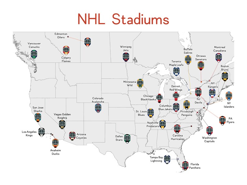NHL Stadiums Map Hockey Stadiums Map Man Cave NHL Stadium Etsy