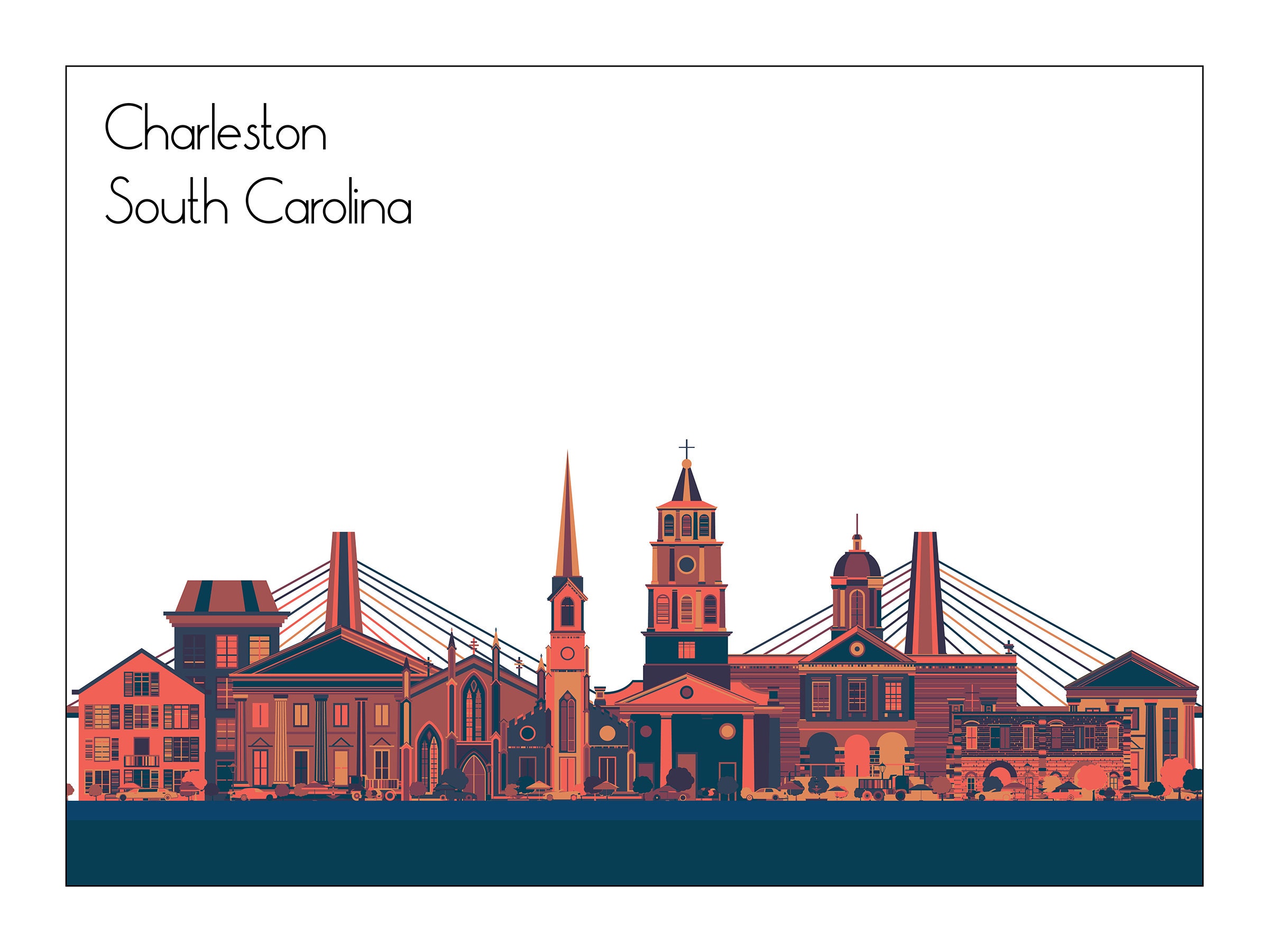 Charleston SC Cityscape Skyline Wall Art Print Home Decor Etsy