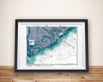 Charleston SC Nautical Chart Map Art Poster Print, Charleston Art, Nautical Chart, Sailing Art, Charleston Print, Sailing Map, Charleston SC