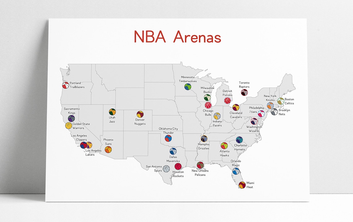 NBA Arenas Map Basketball Stadiums National Basketball Etsy