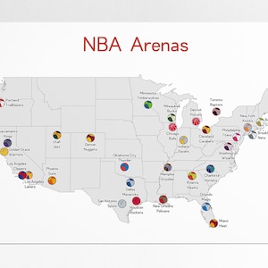 Carte des arènes de la NBA, stades de basket-ball, liste de contrôle des équipes de la National Basketball Association, affiche de l'homme des cavernes de basket-ball, cadeau de Noël pour lui
