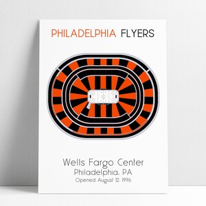May include: A black and orange illustration of the Wells Fargo Center, home of the Philadelphia Flyers. The text "Philadelphia Flyers" is at the top of the image. The text "Wells Fargo Center, Philadelphia, PA. Opened August 12, 1996" is at the bottom of the image.