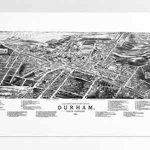 Durham NC Birds Eye View Poster Print Durham North Carolina 1891 Historic Birds-Eye View Perspective Map Art Digitally Enhanced Recolored