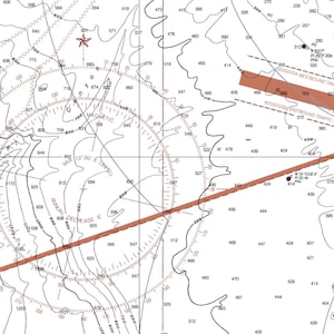 May include: Aeronautical chart with a compass rose, a red line, and a brown line. The chart shows a variety of numbers and symbols, including a magnetic variation of 13 degrees 00 minutes East. The chart also shows a red line that indicates a magnetic heading of 300 degrees and a brown line that indicates a magnetic heading of 414 degrees.