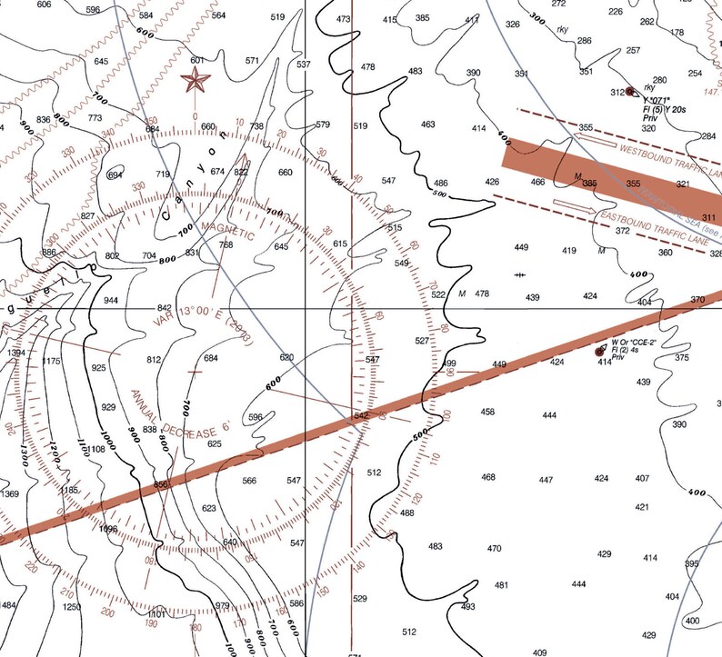 May include: Aeronautical chart with a compass rose, a red line, and a brown line. The chart shows a variety of numbers and symbols, including a magnetic variation of 13 degrees 00 minutes East. The chart also shows a red line that indicates a magnetic heading of 300 degrees and a brown line that indicates a magnetic heading of 414 degrees.