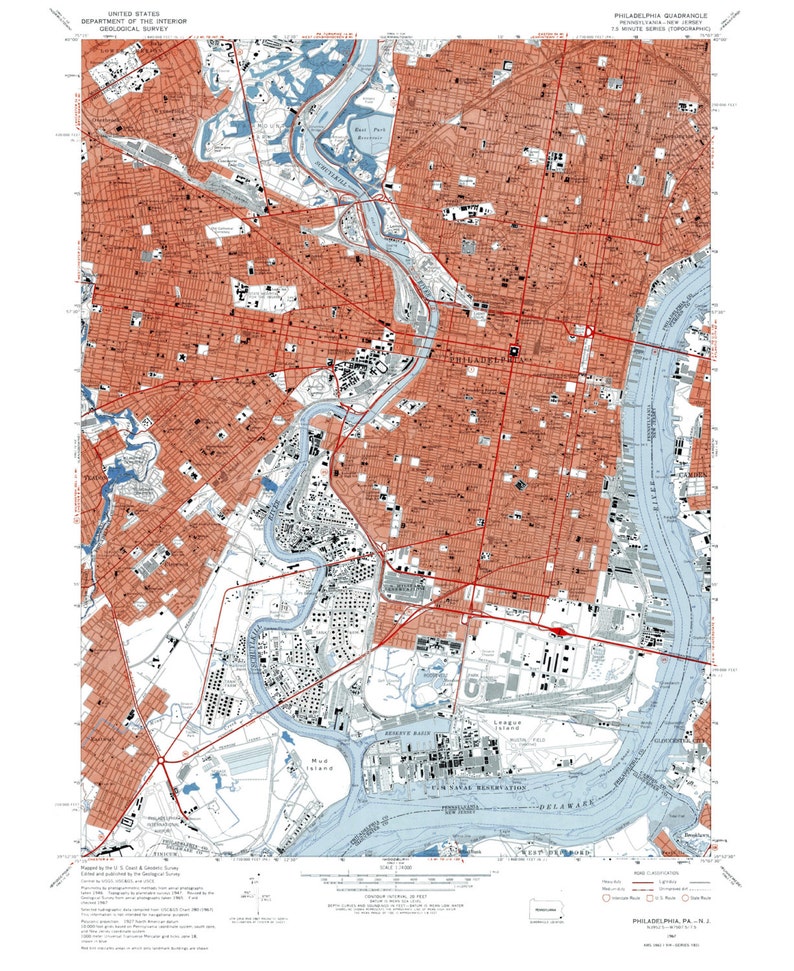 May include: A detailed topographic map of Philadelphia, Pennsylvania, showing the city's streets, rivers, and other features. The map is in red, blue, and black, and includes the text "PHILADELPHIA, PA. - N.J."