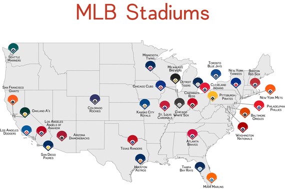 Map Of All Mlb Stadiums Baseball Map Baseball Stadiums Map Mlb Stadium Print Etsy India