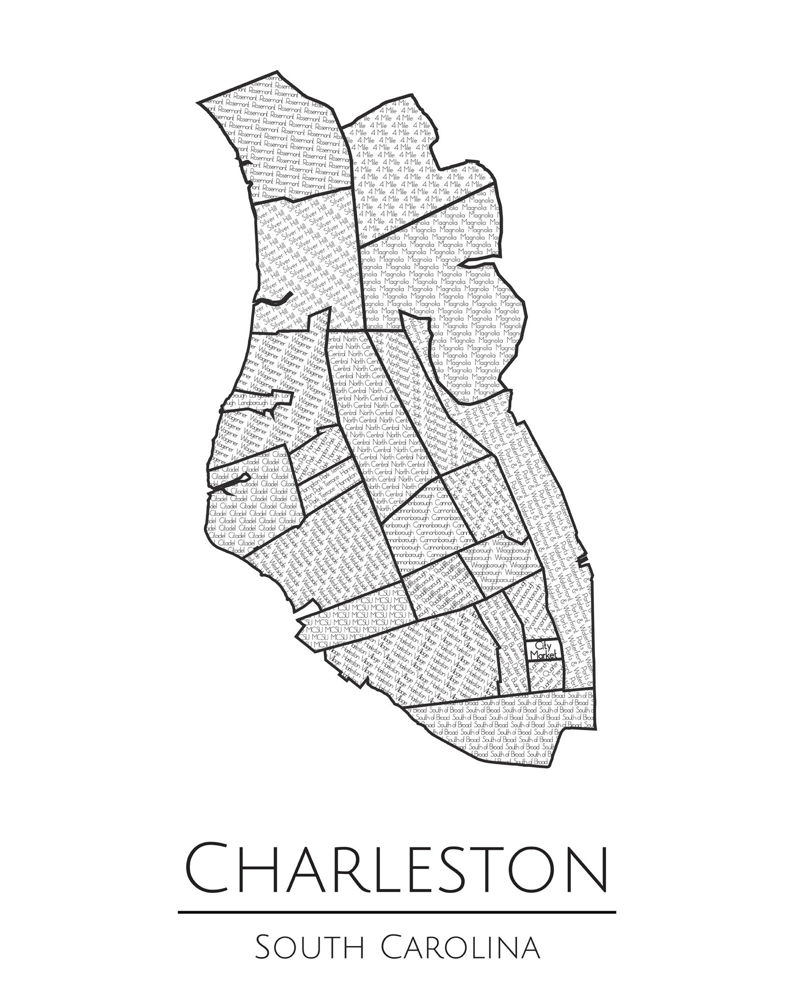 Charleston Neighborhoods Map Art Poster Print Charleston SC - Etsy