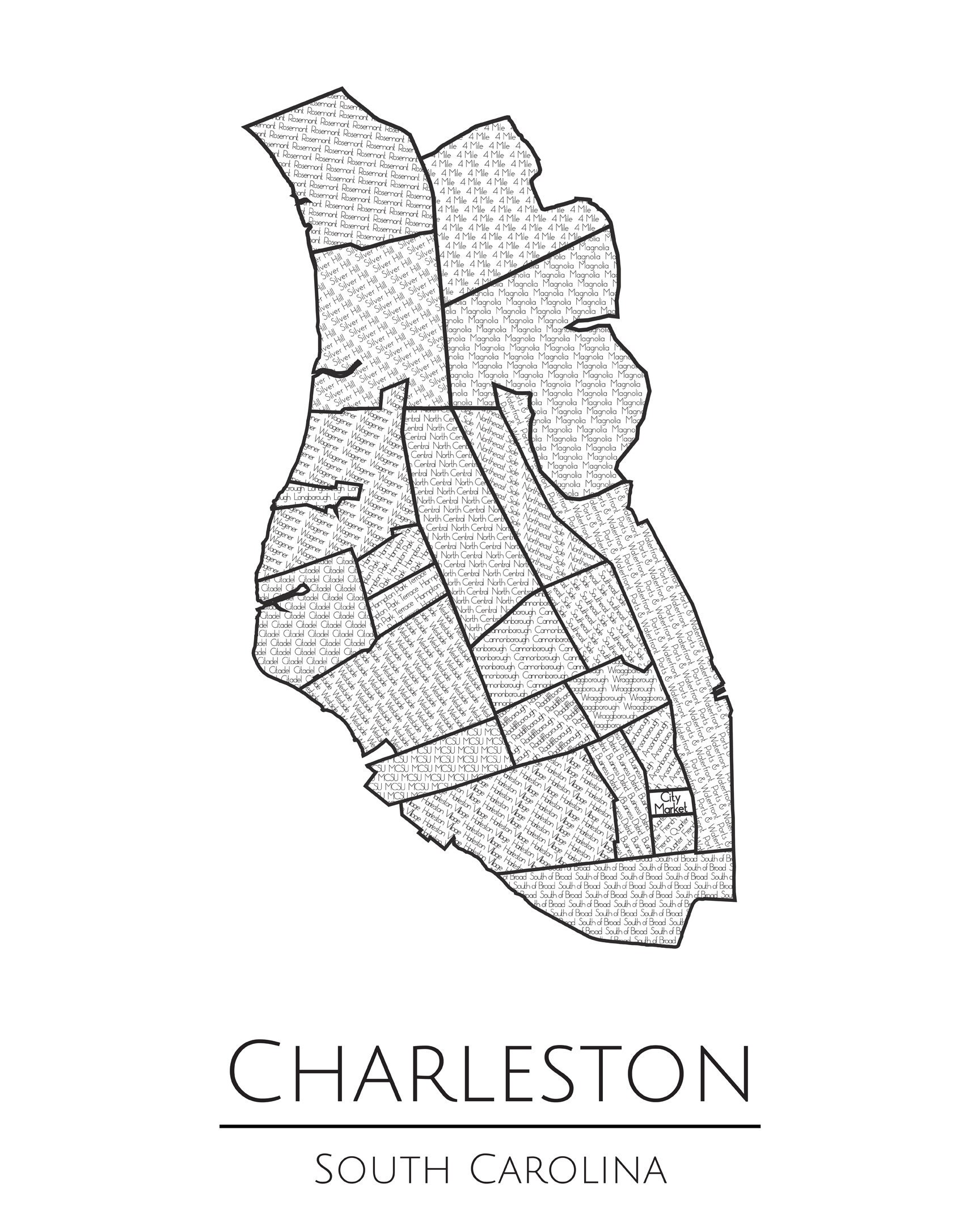 Charleston Neighborhoods Map Art Poster Print Charleston SC Etsy