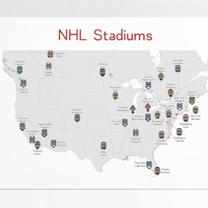 NHL Estádios Mapa Hóquei Presente de Natal Para Ele Estádios de Hóquei Mapa Arte Impressão Homem Caverna Arte de Parede Hóquei Pôster Presente Para Ela