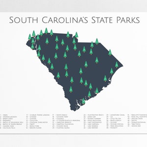 Parques estatales de Carolina del Sur, lista de verificación, mapa, parques estatales de Carolina del Sur, Carolina del Sur, parques estatales, arte infantil, explorador, aventuras, campista