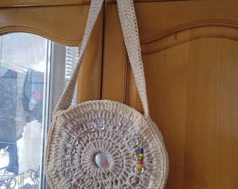 free shipping,Beige Crochet Original Handmade Round Recycled Aluminium Soda Pop Shoulder Purse Bag,