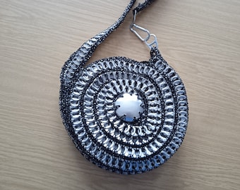 One Ball Circle purse, Spiral bag, Round Pop Tab Purse, Single Crochet, Soda Pop Daisy Chain Bag, Handmade Metallic Silver Ring Pulls,