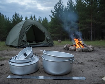 Vintage militaire aluminium camping puinhoop kit Sovjettijdperk waterkoker, pot en deksel set - Bushcraft-overlevingsuitrusting Old School uitrusting voor buiten koken