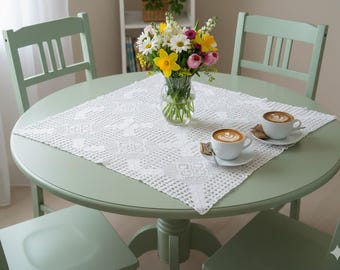 Handgemaakt wit gehaakt kanten tafelkleed, katoenen kleedje met geometrische bloemen bloemen, topper in vintage stijl
