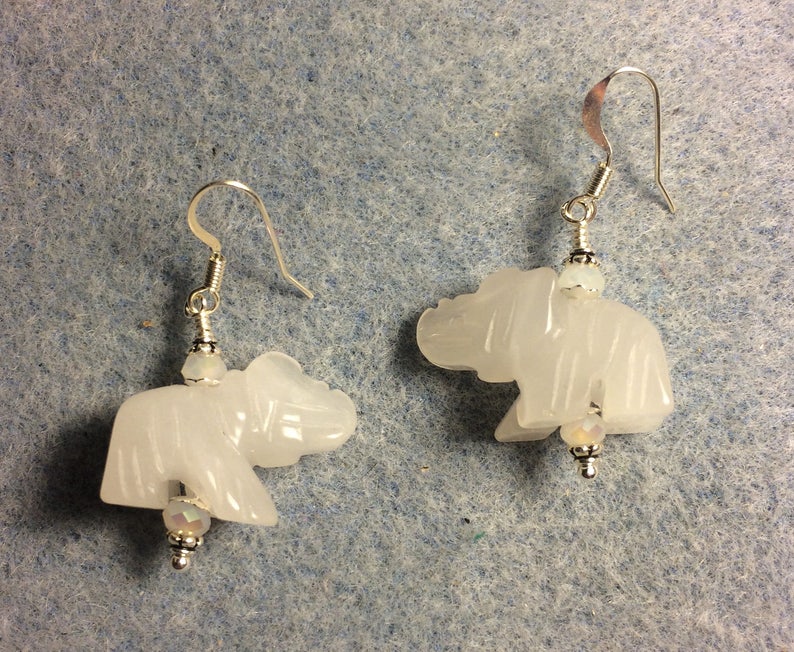 White Jade Gemstone Elephant Bead Earrings Adorned With Etsy