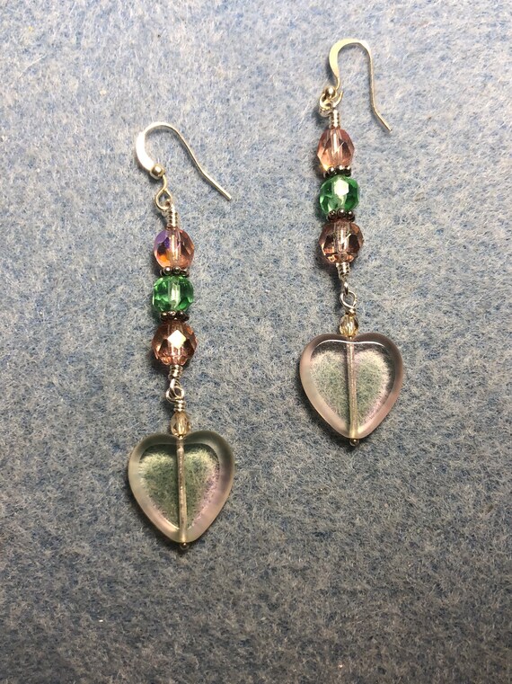 Long Silver Green Pink Heart Earrings Drop Dangle Lampwork Glass Bead 