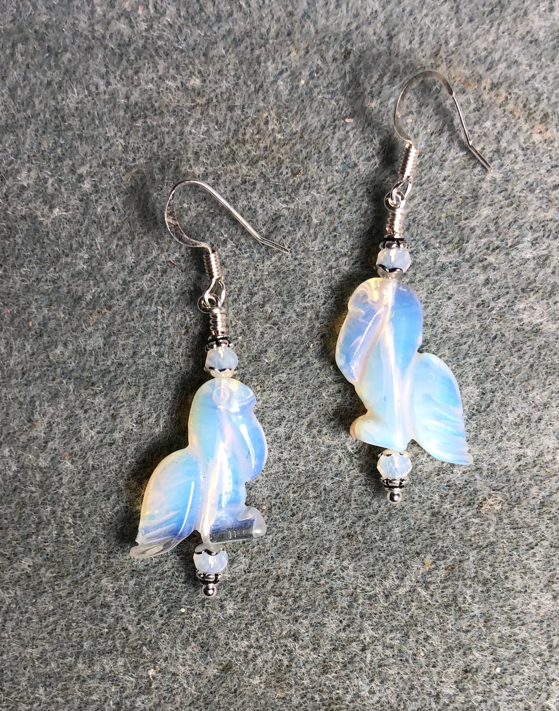 Opalite gemstone pelican bead earrings adorned with White Chinese crystal beads.