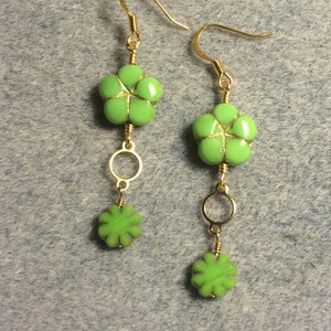 Lime green Czech glass puffy flower bead dangle earrings adorned with gold circle connectors and lime green Czech glass poppy beads. image 3