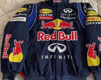 Formula F1 Jacket-Formula F1 Retro Cotton Fully Embroidered Red Bull Racing Jacket, Street Style Adult Jacket For Both Men And Women