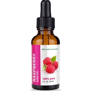 Könnte beinhalten: Eine braune Glasflasche Himbeersamenöl mit einer schwarzen Pipette. Das Etikett zeigt den Text "RASPBERRY SEED OIL" und eine Abbildung roter Himbeeren. Die Flasche enthält 30 ml 100 % reines Öl.