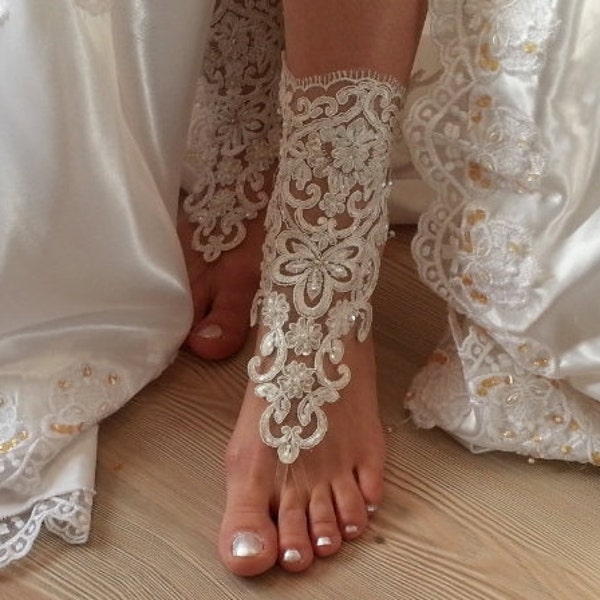 marfil descalzo, cordón francés, tobilleras de boda, playa boda sandalias Descalzas, había bordado de sandalias.