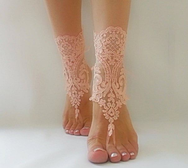 bridal anklet Soft peach pink Beach wedding barefoot sandals
