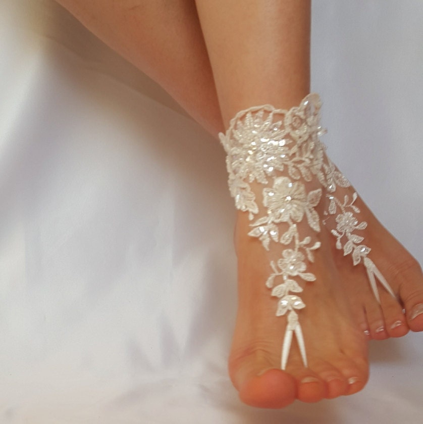 ivory barefoot french lace sandals beach wedding embroidered | Etsy