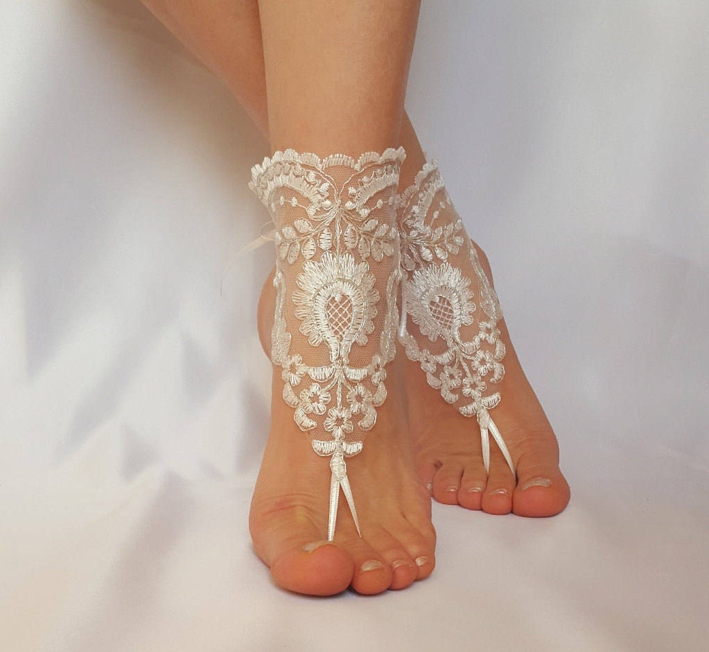 ivory silver frame beach wedding lace barefoot sandals shoes | Etsy