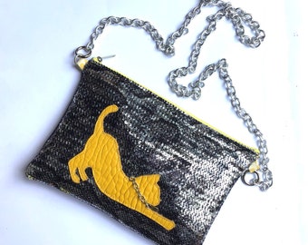 ANIMALS lurex clutch bag with removable shoulder strap