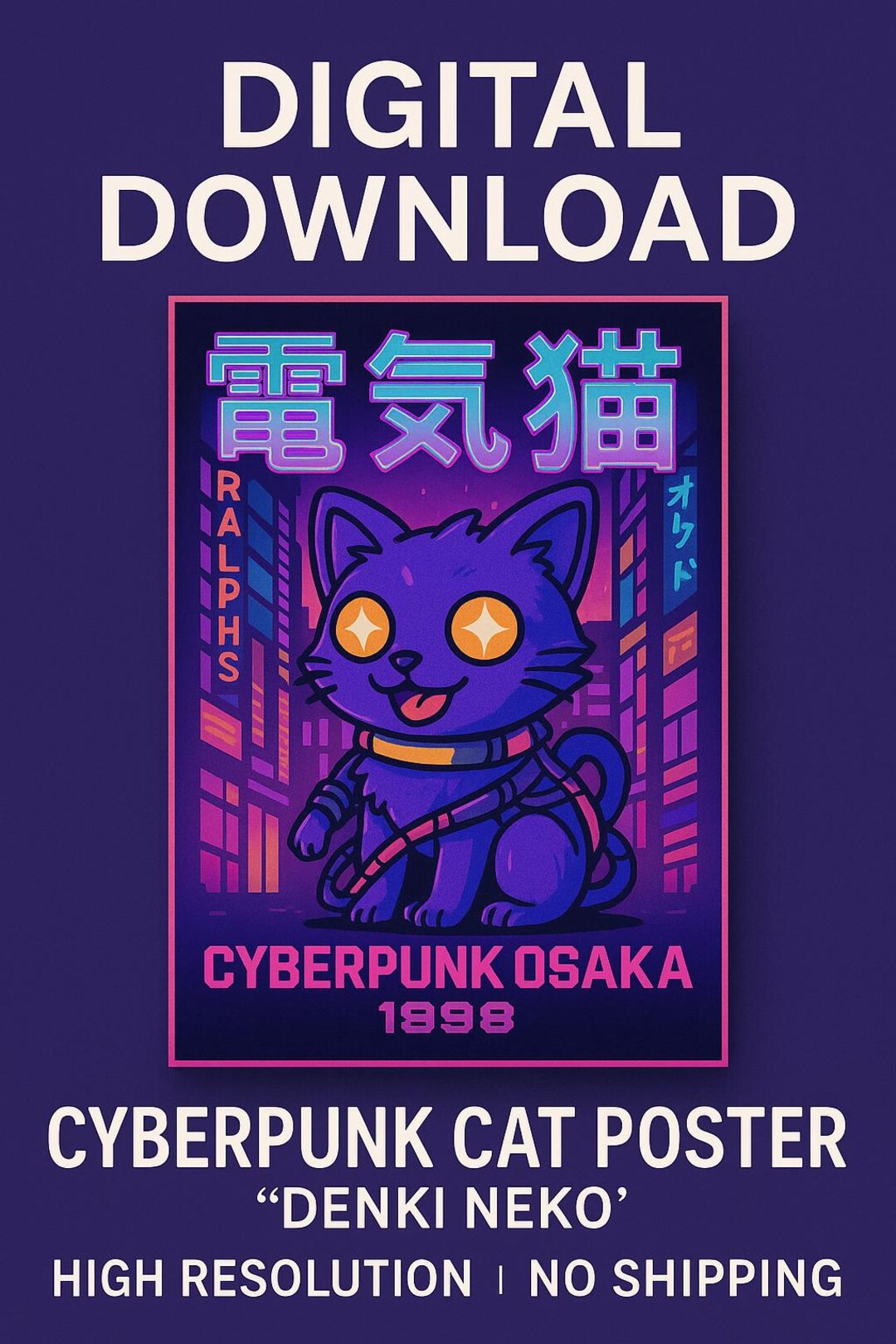 Denki Neko Poster – Cyberpunk Cat Art Print, Japanese Retro Wall Art ...