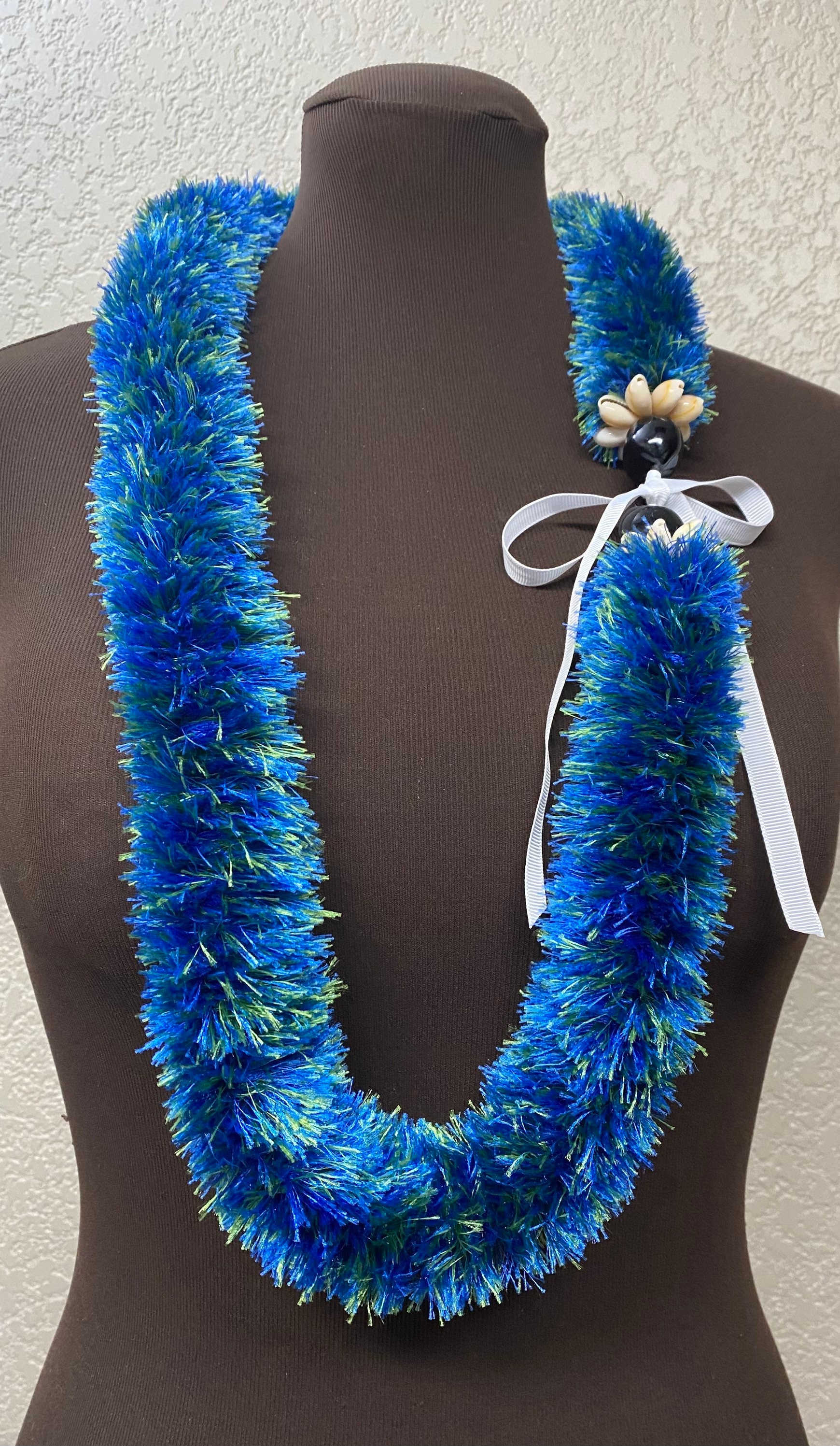Blue and White Eyelash Yarn Lei Florals by LeeAnn Yee | Not just flower leis here now! Been  main image 3
