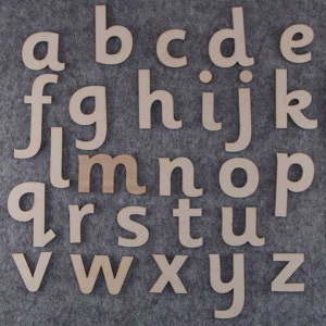 Sassoon Font Alphabet Set Letras minúsculas a-z 3mm Madera contrachapada 26 caracteres