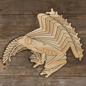 Könnte beinhalten: Ein Holzausschnitt eines Frosches mit geschichteten Details, der einer Skelettstruktur ähnelt. Der Frosch befindet sich in einer Sprunghaltung mit ausgestreckten Beinen.