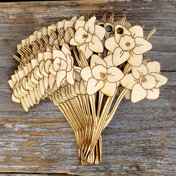 10x Wooden Daffodil Bunch Leaves Craft Shape 3mm Ply Flowers Trees Gardening