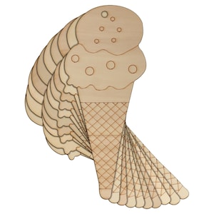 May include: A set of 10 unfinished wooden ice cream cone shapes. The cones are made of natural wood and have a smooth surface. They are perfect for crafting and decorating.