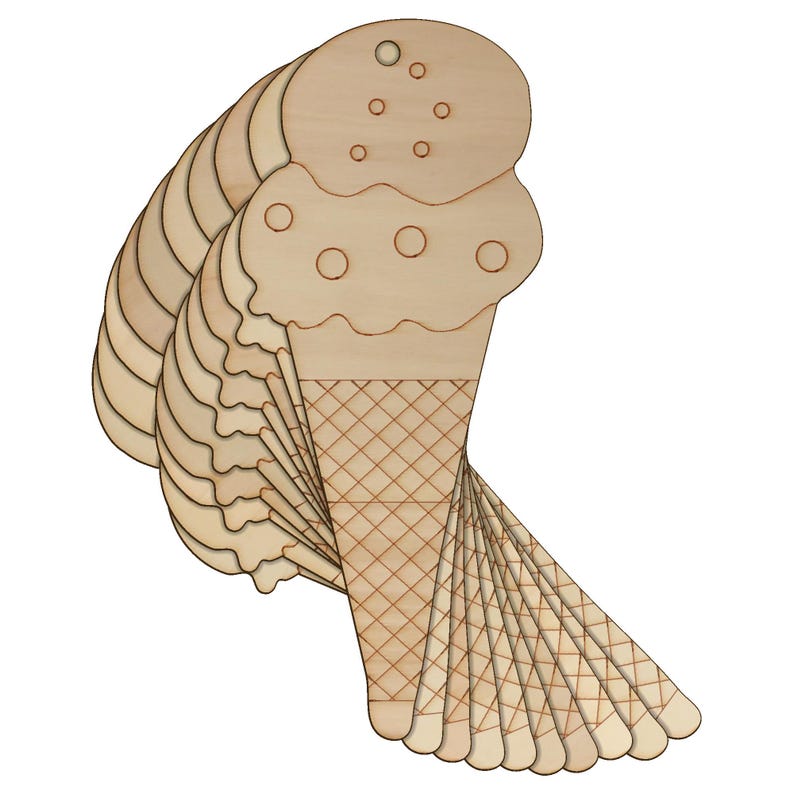May include: A set of 10 unfinished wooden ice cream cone shapes. The cones are made of natural wood and have a smooth surface. They are perfect for crafting and decorating.