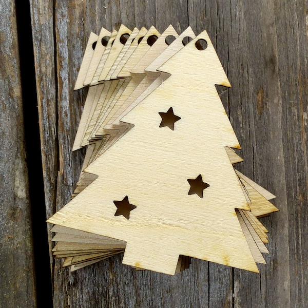 10x Wooden Christmas Tree with Stars Craft Shapes 3mm Plywood Xmas Decoration